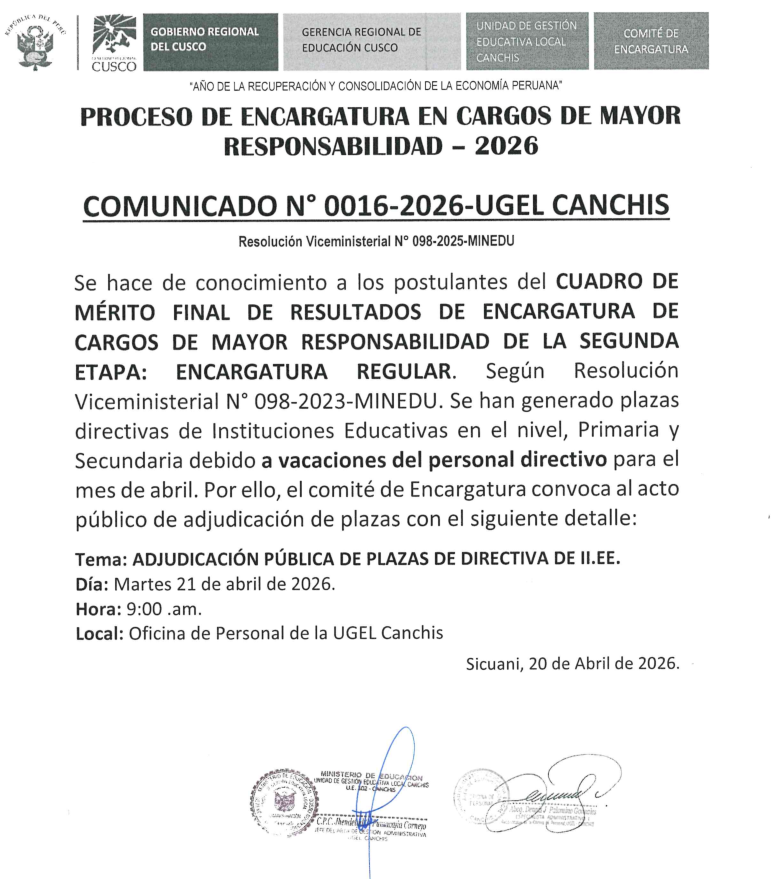 PROCESO DE ENCARGATURA EN CARGOS DE MAYOR RESPONSABILIDAD - 2026 COMUNICADO NO 0016-2026-UGEL CANCHIS Resolución Viceministerial NO 098-2025.MlNEDU